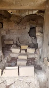 Old Jerusalem funeral boxes for bones Foto stock