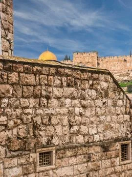 Old jerusalem view - wailing wall and golden dome of omar mosque Stock Photos