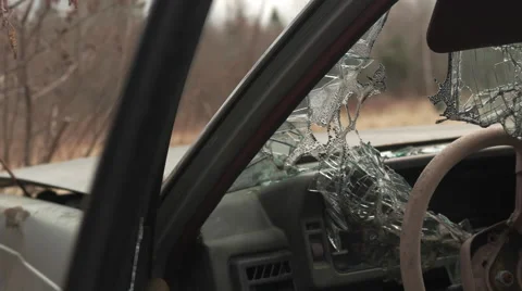 Old Junked Car with Broken Windshield Stock Footage 62511882