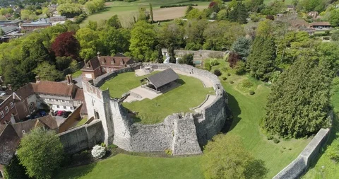 Old keep and modern structure in English Countryside drone aerial 4k Stock Footage 114155689