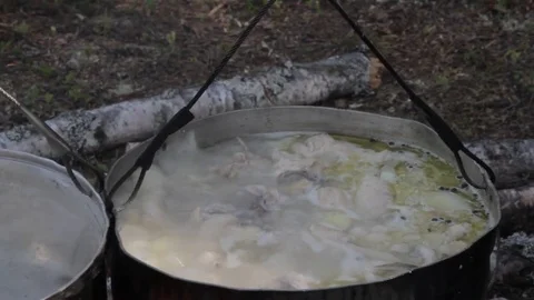 Old kettle on a marching fire Stock Footage 79527221