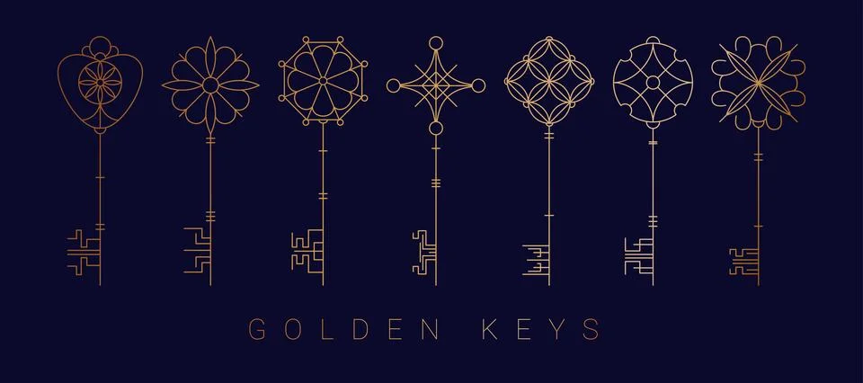 Old key. Antique lock skeleton different forms, ornate line ancient secret Stock Illustration