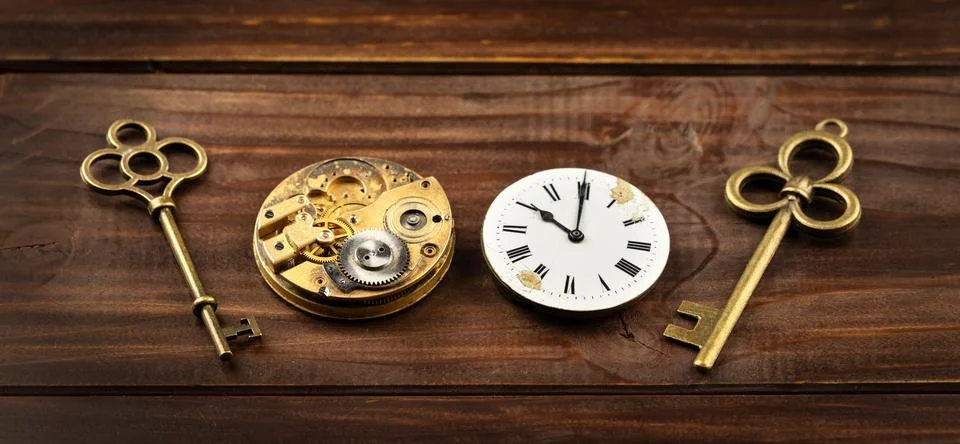 Old keys with clockwork and clock, escape room game banner Stock Photos