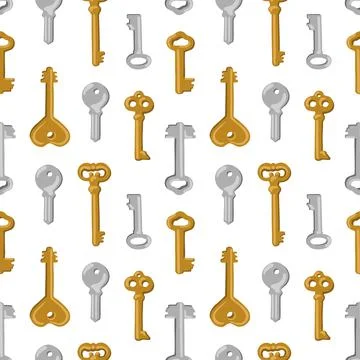 Old Keys Hand Drawn Seamless Pattern. Gold and Silver Vintage Keys Vector Bac Stock Illustration