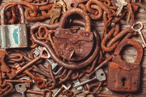 Old keys old keys locks over vintage wooden table Copyright: xZoonar.com/O... Foto stock