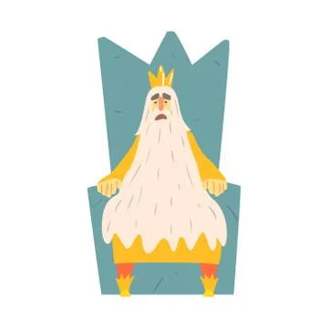 Old King With Very Long Beard Sitting On The Throne Fairy-Tale Cartoon Childish Illustrazione stock
