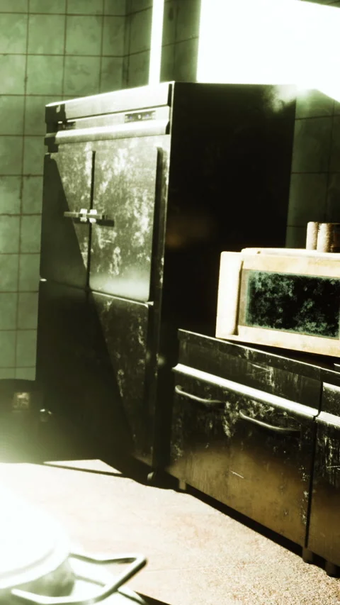 Old kitchen with appliances and sunlight shining through window Stock Footage 335357495
