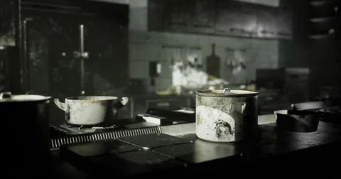 Old kitchen with dirty pots and dim lighting feels mysterious Stock Illustration