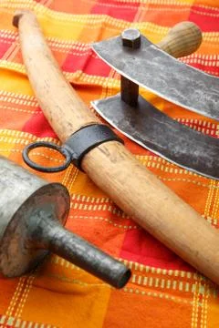 Old kitchen tools for the production of meat products - sausages 写真素材