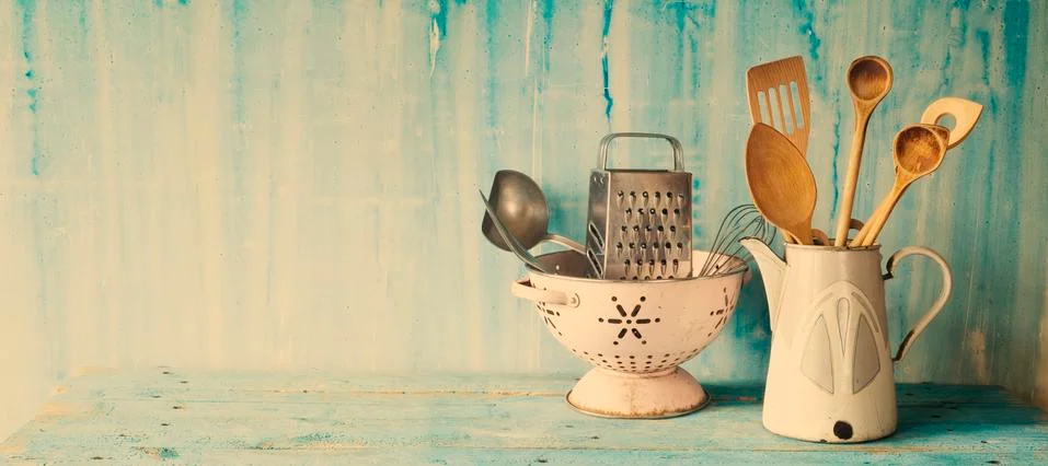 Old kitchen utensils, panoramic format, good copy space Stock Photos