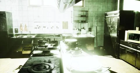 Old kitchen with worn cabinets and bright light creating an atmospheric effec Stock Illustration