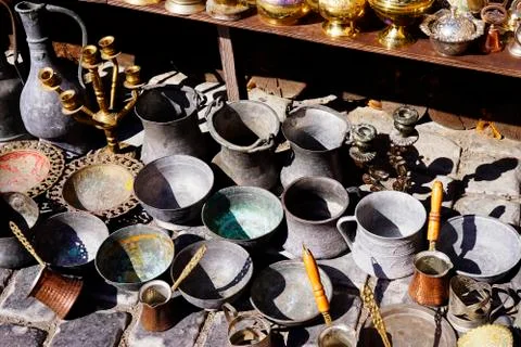 Old kitchenware trays, teapots, coffee turks, samovars, pans, plates, Stock Photos