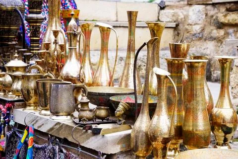 Old kitchenware trays, teapots, coffee turks, samovars, pans, plates, Stock Photos