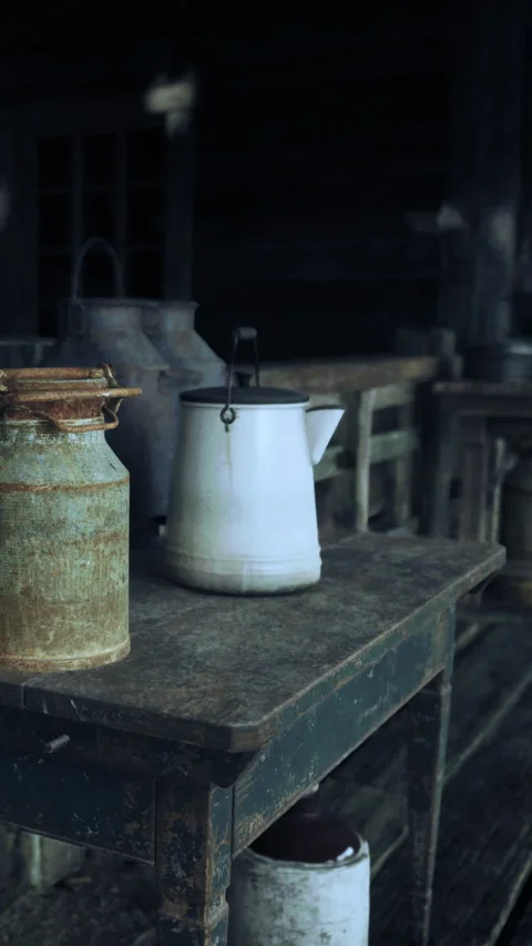 Old kitchenware on a wooden table in a rustic setting during daytime Stock Footage 339390598