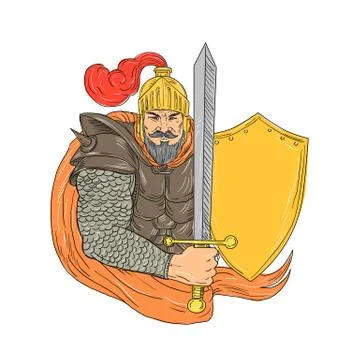 Old Knight Sword Shield Drawing Stock-Illustration