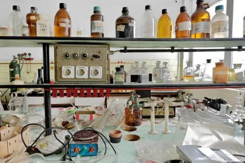 Old laboratory with a lot of bottles Stock Photos