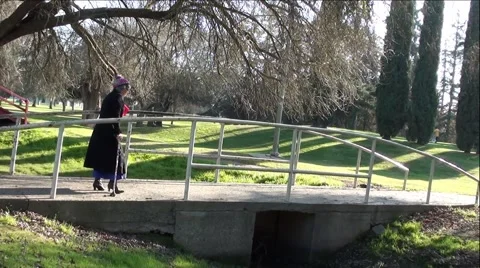 Old Lady with Cane Walking On Bridge Vídeo Stock 59971916