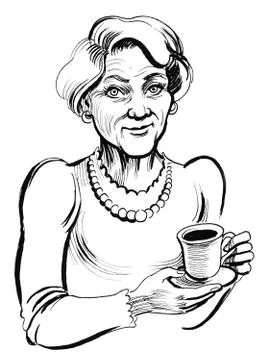 Old lady with a cup of tea Stock Illustration