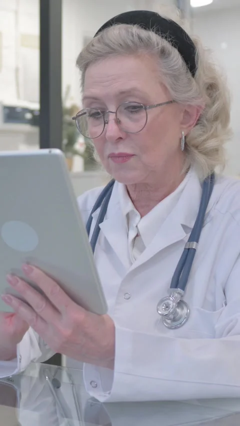 Old Lady Doctor Working on Tablet in Clinic, vertical video 動画素材 325567254