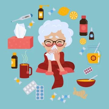 Old lady in glasses caught cold flu or virus. Stock Illustration