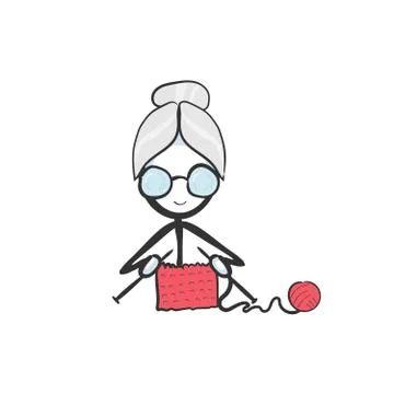 Old lady knitting. Vector simple granny wool knit. Stickman no face clipart Stock Illustration