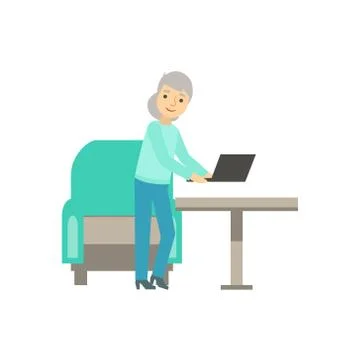 Old Lady Placing Lap Top On The Table, Coworking In Informal Atmosphere In Stock Illustration