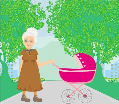 Old lady pushing a stroller in the park Illustrazione stock