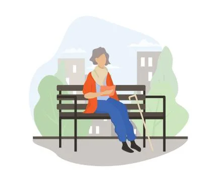Old lady sitting on the bench in the park and reading a book. Ilustração Stock