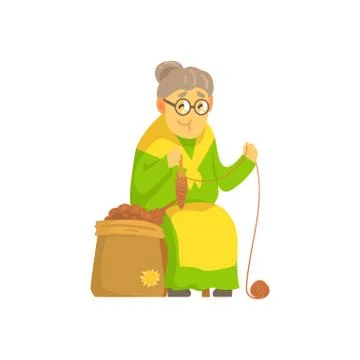 Old lady spinning ball of wool Stock Illustration