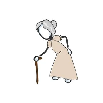 Old lady with stuff walking. Vector simple aged grandmother. Stickman no face Illustrazione stock