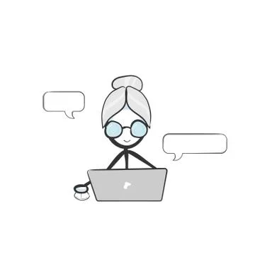 Old lady using computer. Vector simple internet conversation chat. Stickman Stock Illustration