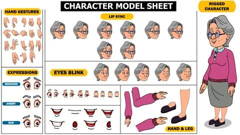 Old Lady Vector Model Sheet, Aged Woman, Old Woman, Fully Rigged Stock Illustration