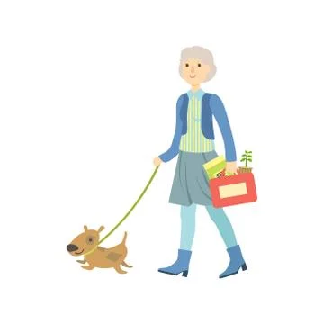 Old Lady Walking A Dog Stock Illustration