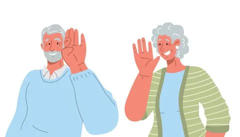 Old lady whispering something to her retired man.Vector flat illustration. Stock Illustration