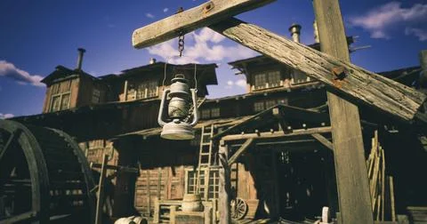 Old lantern hanging outside rustic wooden building in a historical setting Ilustración de archivo