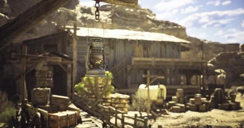 Old lantern hangs on rugged railway near weathered wooden building Ilustración de archivo