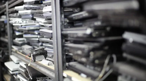 Old laptops rack focus side Stock Footage 27732286