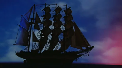 Old, large sailing ship at night - wide shot. Beautiful sky in background. Video stock 1068049