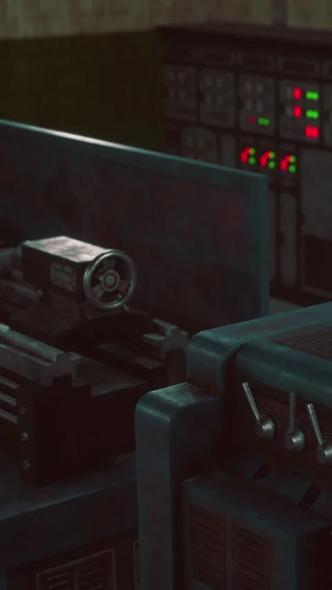Old lathe machine in a workshop with some tools on a table Stock Footage 347258729