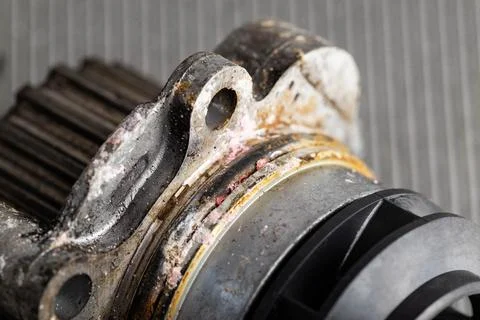 Old leaky car pump. Breakdown of the car pump in the cooling system, macro Stockfoto's