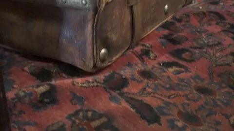Old leather antique suitcase Stock Footage 98100564