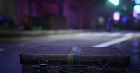 Old leather suitcase on an empty city street at night with neon lights Stock Illustration