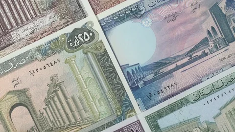 Old Lebanon pound banknotes slow rotating. Lebanese money currency Stock Footage 103952012