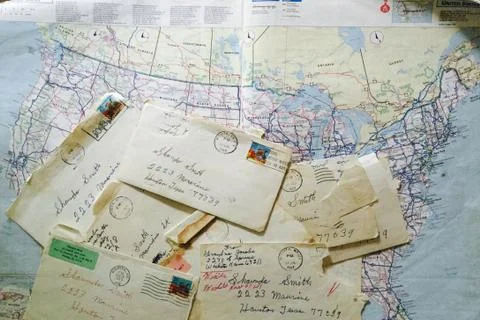 Old letters and a map 스톡 사진