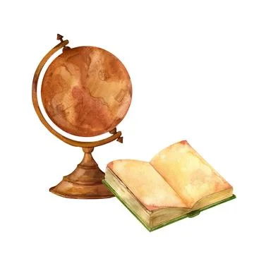 Old library, composition with a globe and books. Watercolor vintage illustr.. Stock Illustration