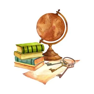Old library, composition with a globe and books. Watercolor vintage illustrat Stock Illustration