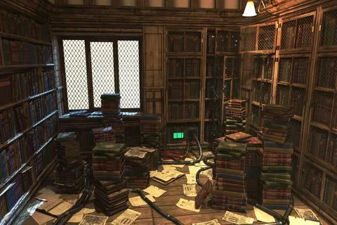 Old library energy preload, complete scene for background. 3D rendering illus Stock Illustration