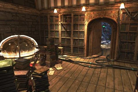 Old library energy preload, complete scene for background. 3D rendering illus Stock Illustration