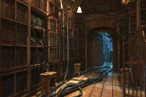 Old library energy preload, complete scene for background. 3D rendering illus Stock Illustration
