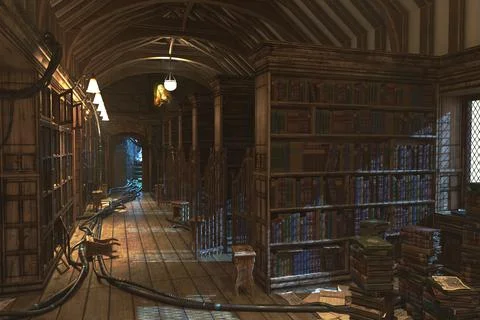 Old library energy preload, complete scene for background. 3D rendering illus Stock Illustration